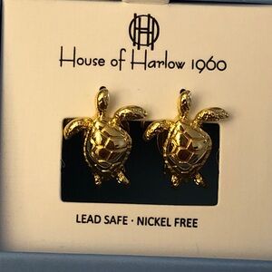 House of Harlow 1960 Gold Tone Turtle Front Back Turtle Drop Earrings NIB